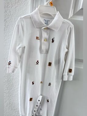 Ralph Lauren White Embroidered Polo-Style Infant One-Piece